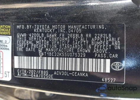 2005 Toyota Camry Std из США, поврежденный, VIN 4T1BE32K55U075329